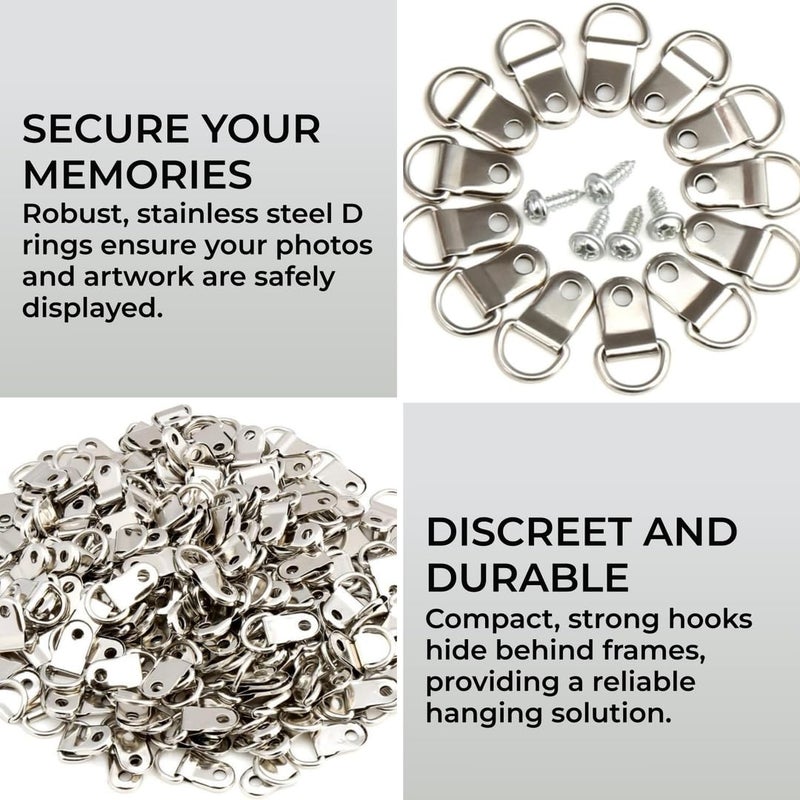 H&S Small D Rings Frame Hooks for Picture Hanging - 80 Pieces D Ring Picture Hangers for Frames and Canvas - Stainless Steel Frame Bracket Hanger with 80 Screws for Hard Walls - Image 2